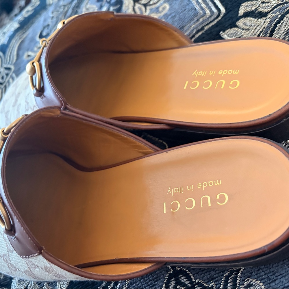 Gucci Beige and Brown Monogram Mules with Gold Detail - Picture 3 of 8